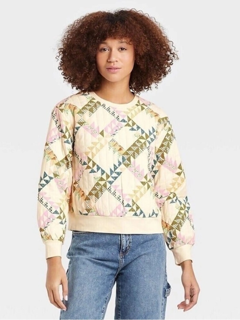 Universal Thread Quilted Patchwork Crewneck Sweatshirt in Cream, Pink & Olive